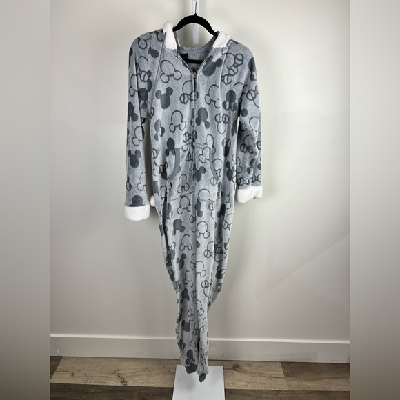 Disney Mickey Mouse Grey Fleece Onesie Pajamas M Hooded Sherpa Lined - Picture 1 of 12